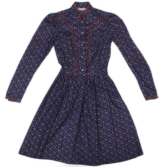 AUNT ABIGAIL'S ATTIC Cottagecore Prairie Blue Floral Rose Collared Dress XXS 896 - Picture 1 of 5
